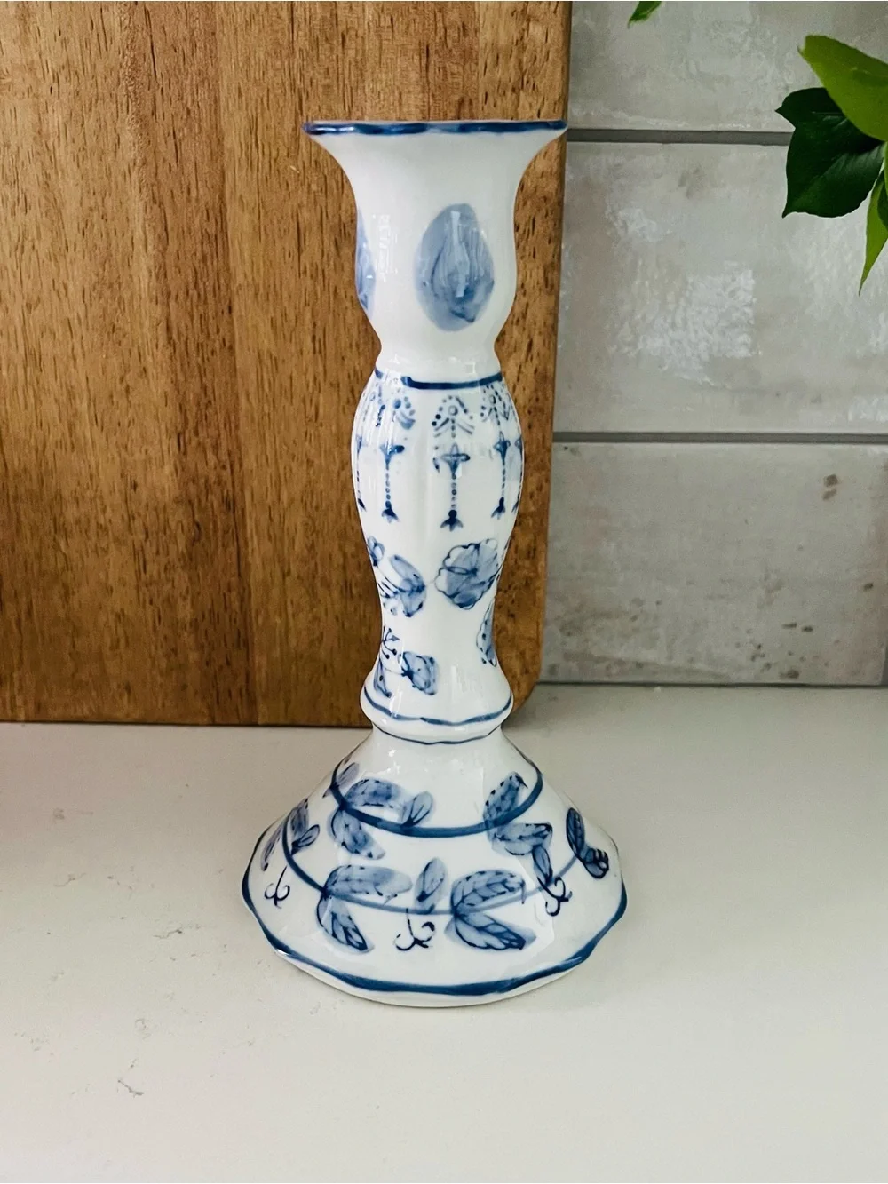 Hand Painted Blue and White Floral Porcelain Candlestick Candle Holder
